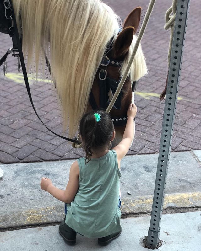 A little girl is petting the back of a horse.