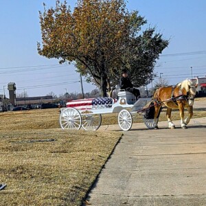 Horse-drawn carriage with American flag-covered casket.